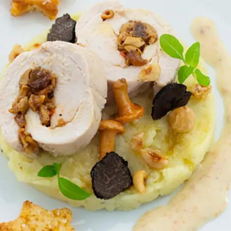 Recette : Roulade de dinde et mousseline de pommes de terre aux champignons