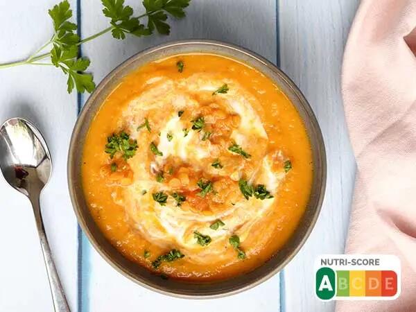 Recettes : Soupe de lentilles corail, courge et fromage de chèvre frais
