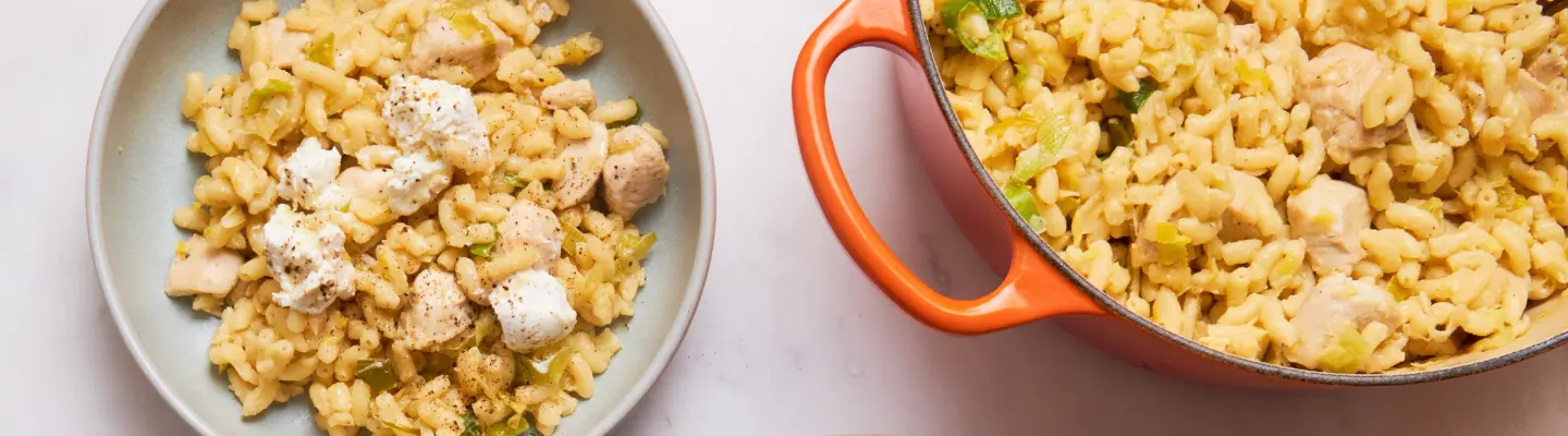 Recette : Risotto de coquillettes, poireau, poulet et chèvre