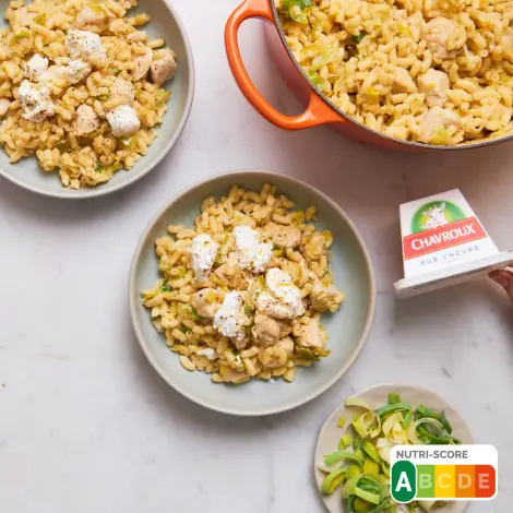 Recette : Risotto de coquillettes, poireau, poulet et chèvre
