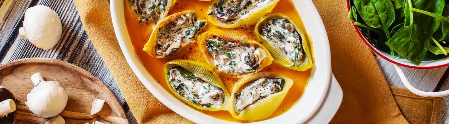 Recette : Conchiglioni farcis aux épinards et champignons au fromage frais