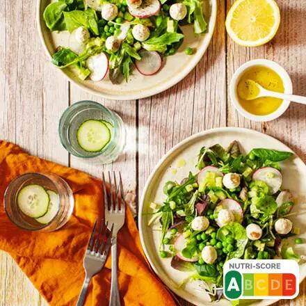Recette : Salade concombre, petits pois et billes de fromage