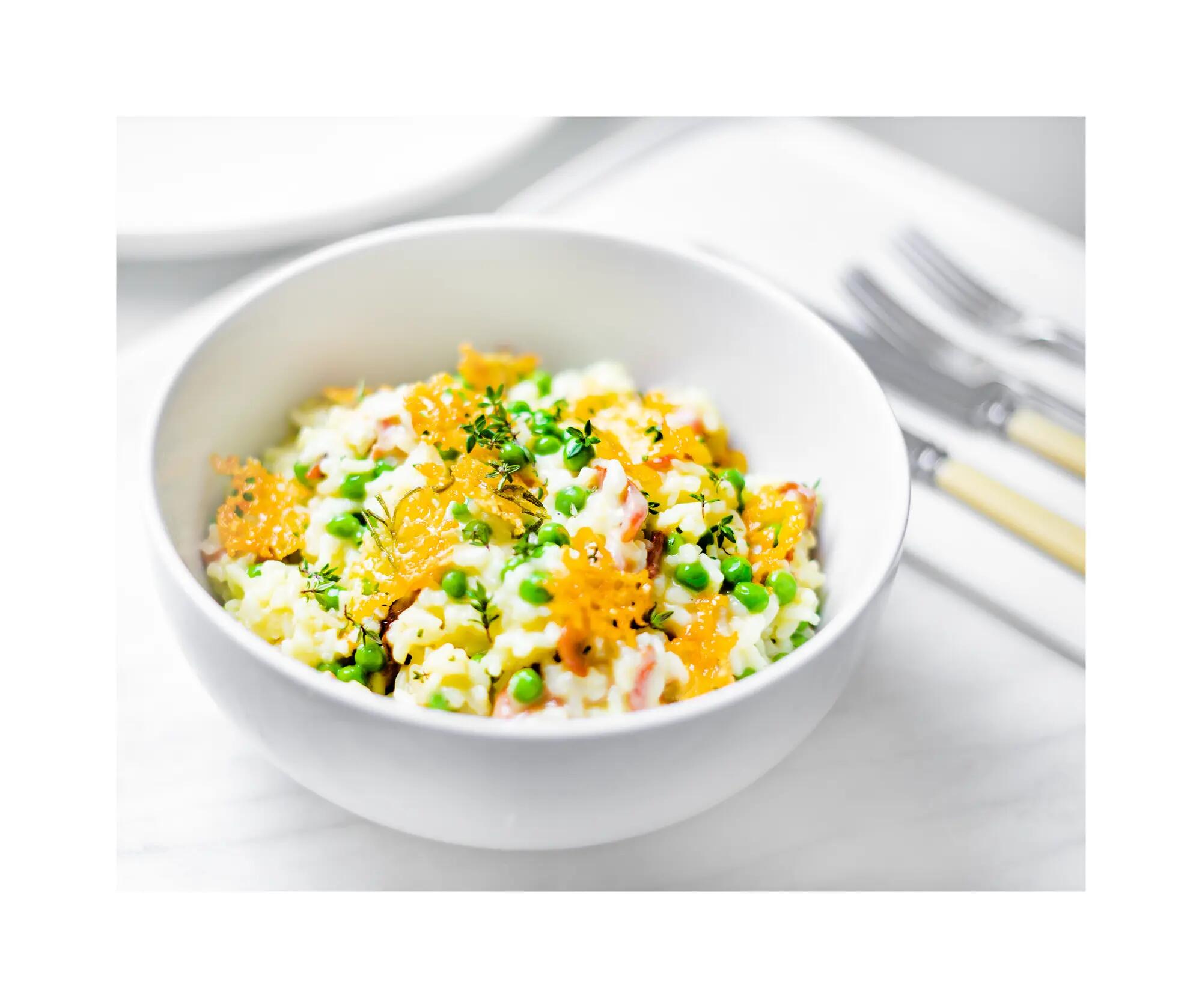 Risotto petits pois, cheddar et bacon