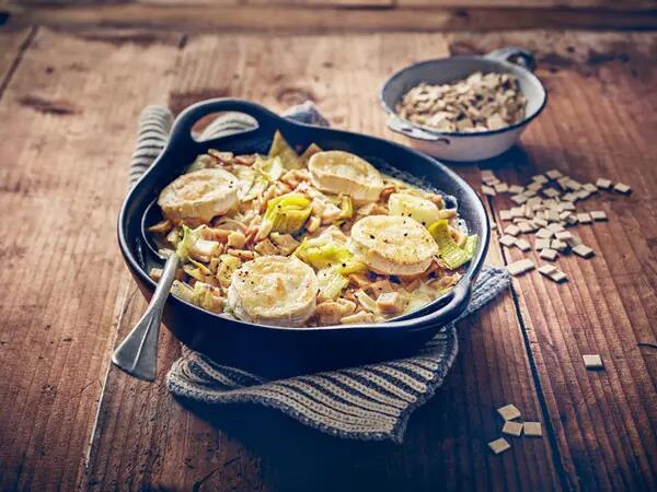 Recettes : Gratin de crozets aux poireaux et au chèvre