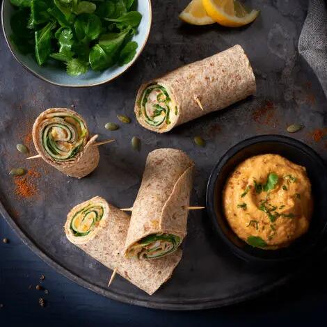 Recette : Wrap au poulet, houmous de courge et fromage
