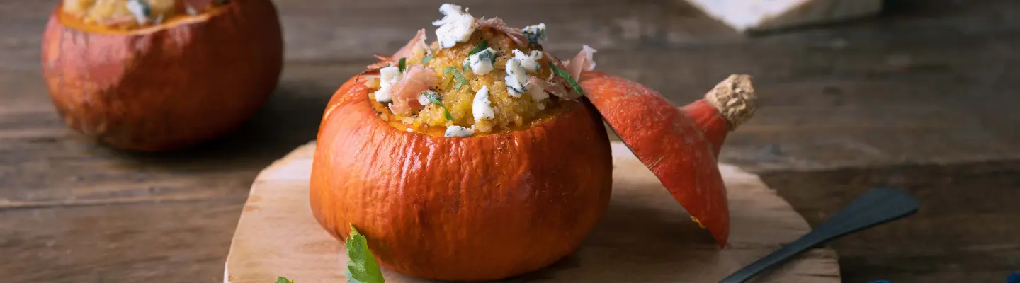 Recette : Potimarron farci au quinoa, roquefort et jambon de Parme