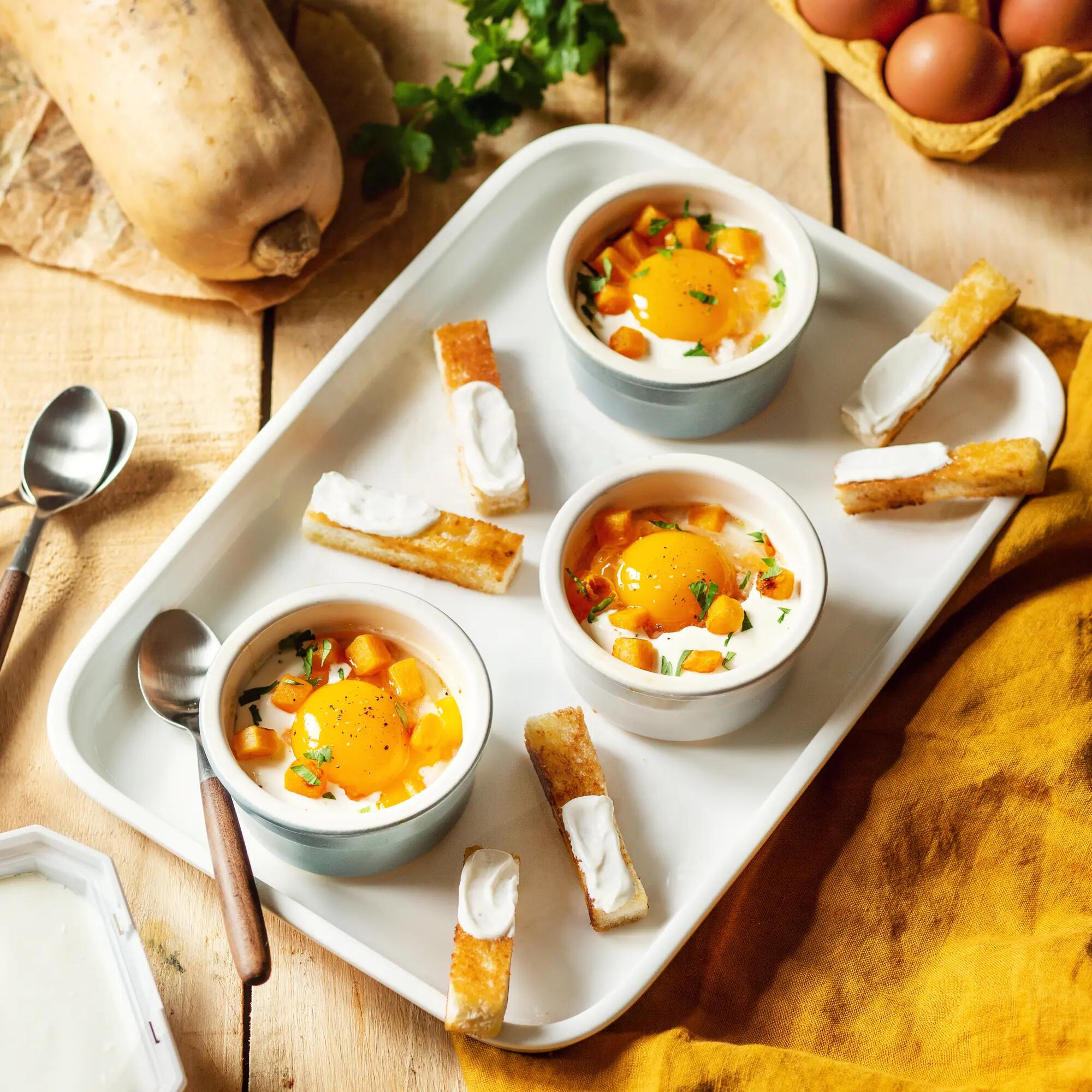 Oeufs cocottes, butternut & St Môret-Carré