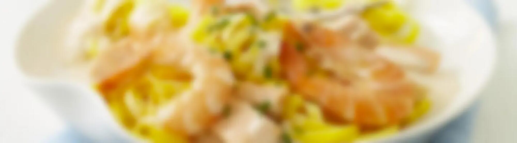 Recette : Pâtes au saumon à la crème de crevettes et fromage frais ail & fines herbes