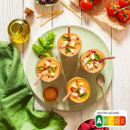 Recette : Gaspacho tomates et framboises au fromage frais