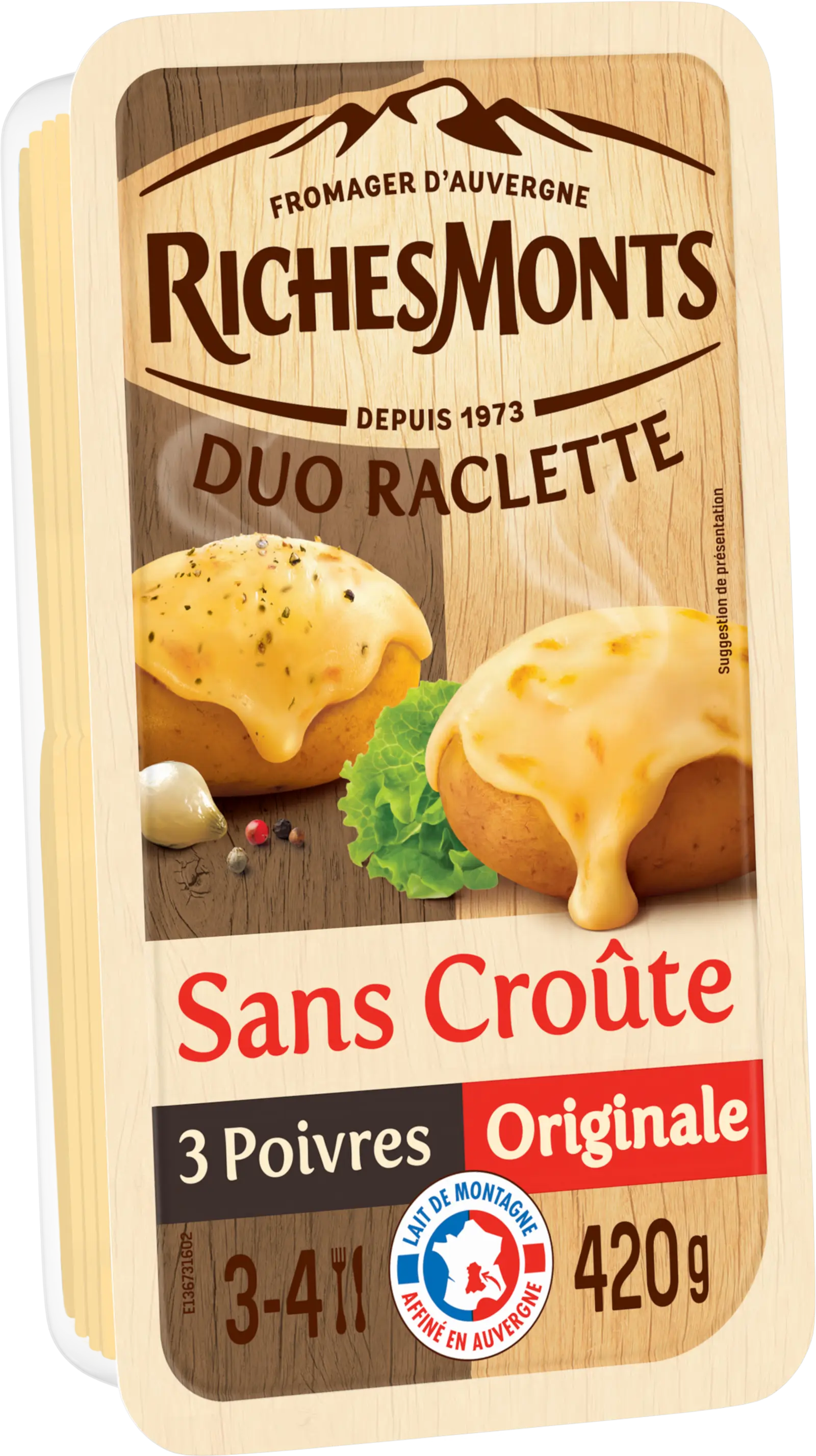 RichesMonts Raclette duo Sans croûte Originale & 3 Poivres 420G