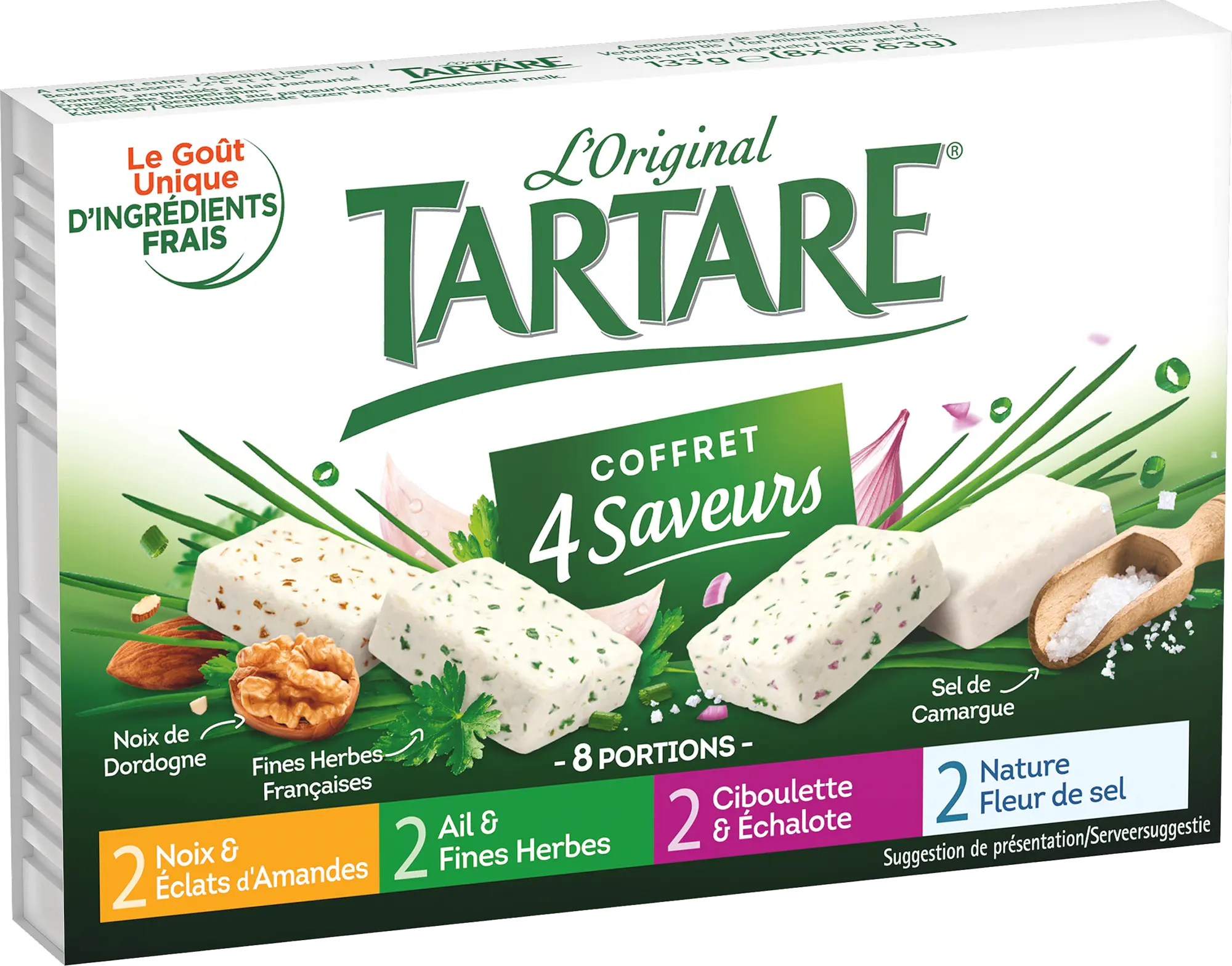 TARTARE® COFFRET (2 AIL & FINES HERBES / 2 NOIX & ECLATS D’AMANDES / 2 ECHALOTES & CIBOULETTE / 2 NATURE FLEUR DE SEL) 8 PORTIONS 133G