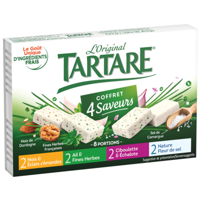 TARTARE® COFFRET (2 AIL & FINES HERBES / 2 NOIX & ECLATS D’AMANDES / 2 ECHALOTES & CIBOULETTE / 2 NATURE FLEUR DE SEL) 8 PORTIONS 133G