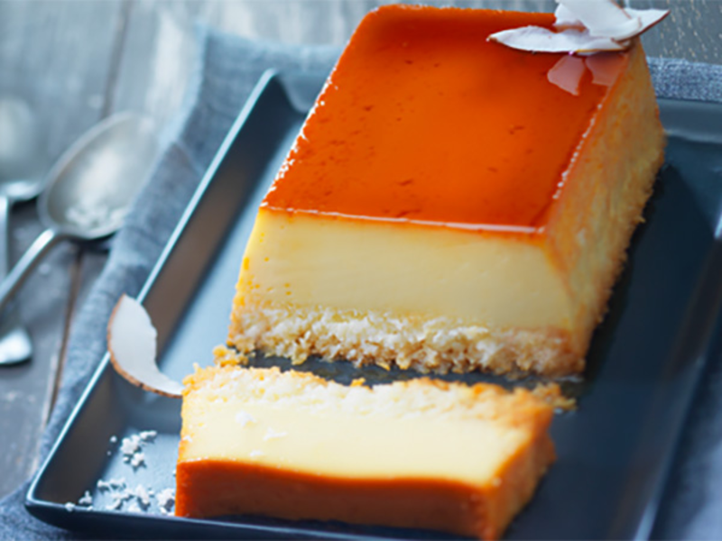 Flan caramel, coco et fromage frais