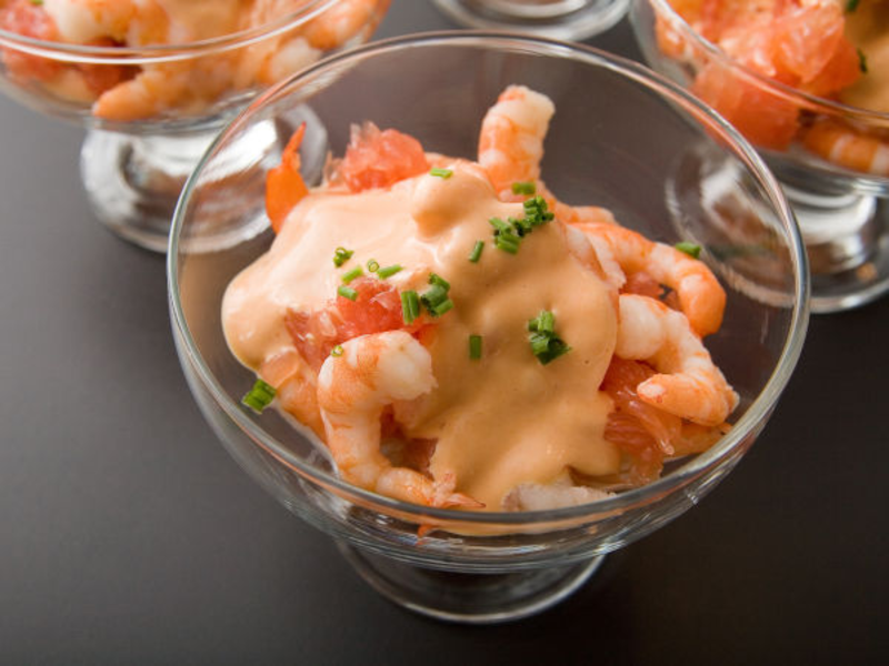 Verrine crevettes et pamplemousse au fromage de chèvre frais