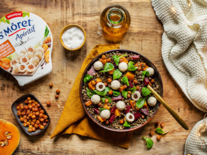 Salade de lentilles aux billes de fromage