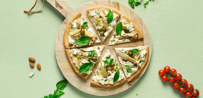 Pizza bianca à la roquette & au Tartare 100% Végétal ail & fines herbes (format carré)