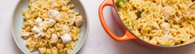 Risotto de coquillettes, poireau, poulet et chèvre