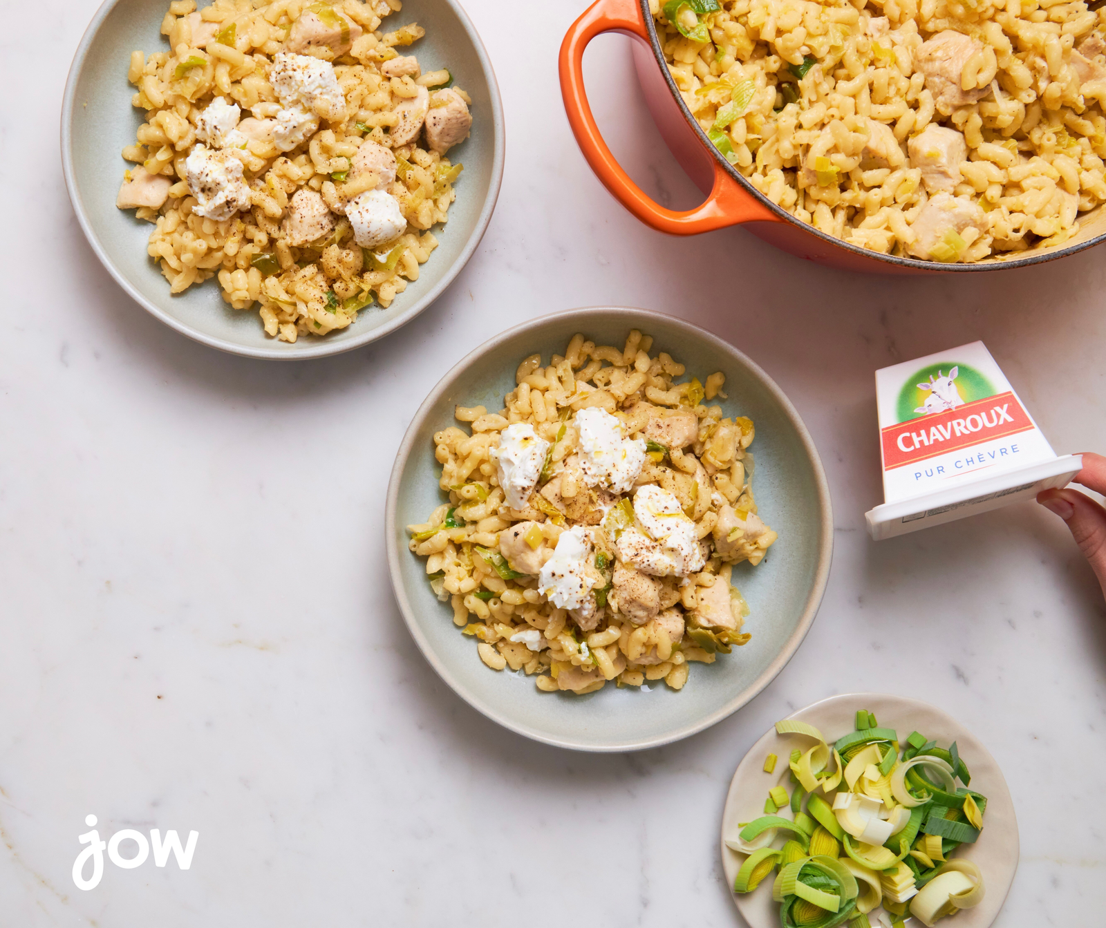 Risotto de coquillettes poireaux poulet et chèvre Chavroux x Jow