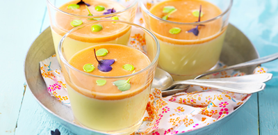 Panna cotta au fromage frais, crème de tomate et petit pois