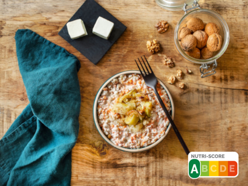 Risotto aux lentilles corail, poêlée de poireaux et fromage frais