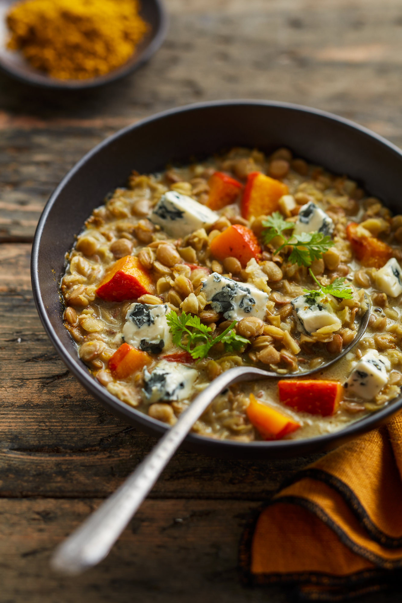 Dahl de lentilles, butternut et Saint Agur