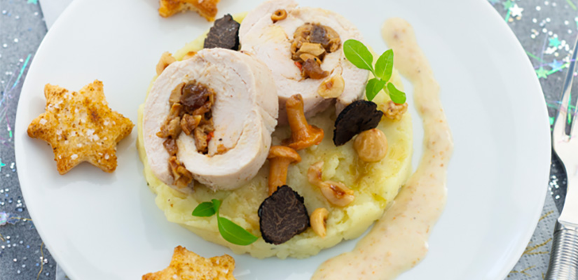 Roulade de dinde et mousseline de pommes de terre aux champignons