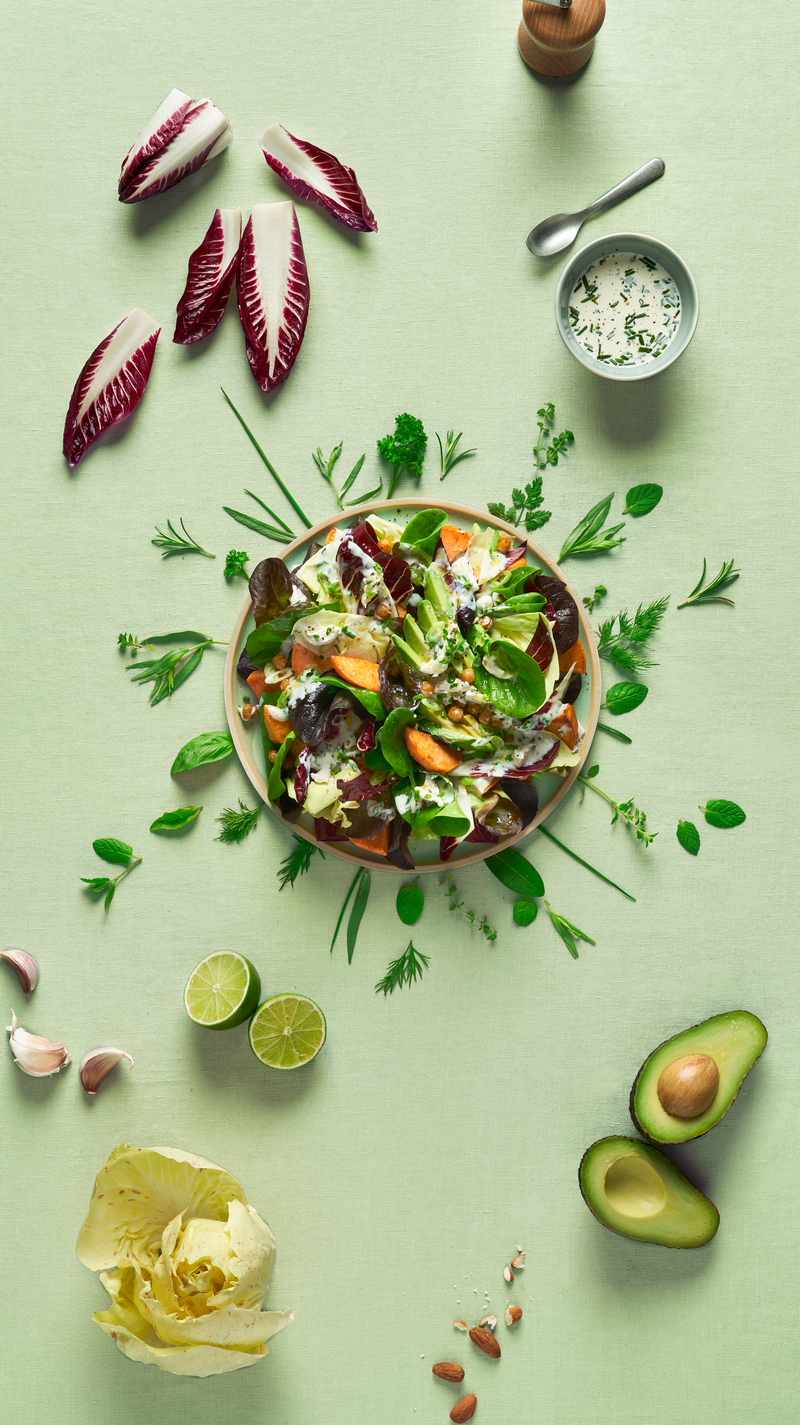 Salade garnie, tartinade végétale et croustillants de pois chiche