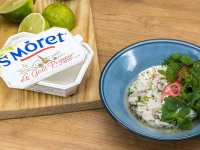 Ceviche de daurade, fromage frais et olive verte