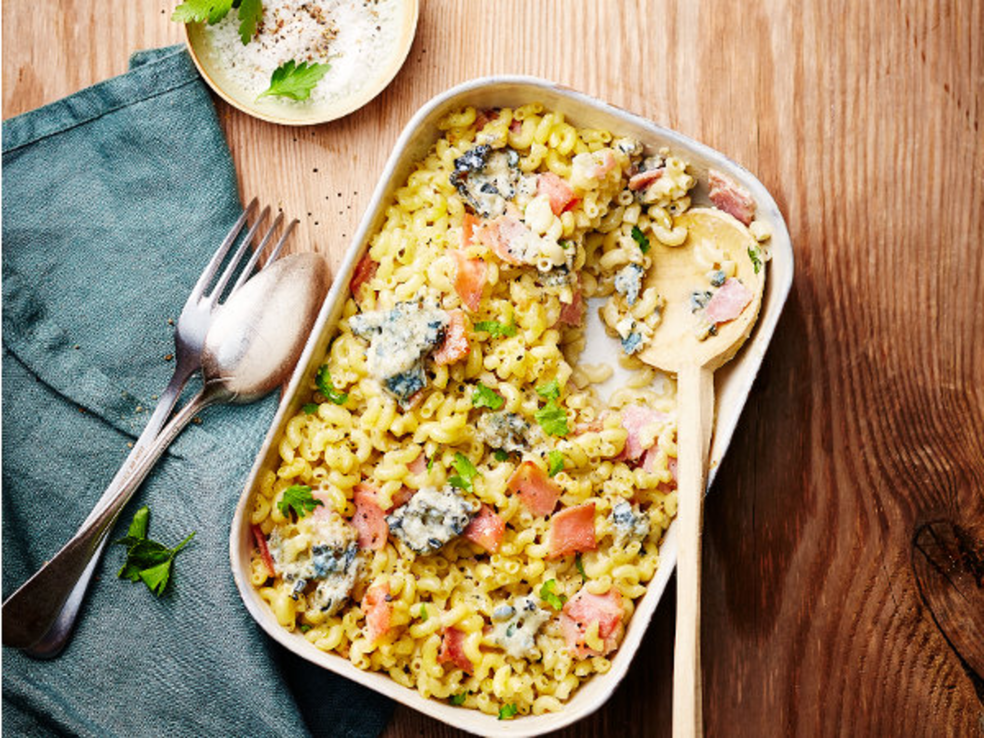 Gratin de coquillettes - jambon au bleu