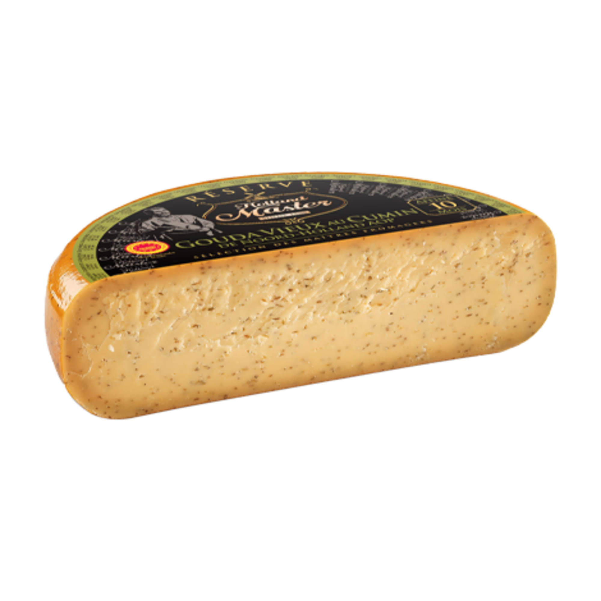 RESERVE HOLLAND MASTER GOUDA VIEUX CUMIN DE NOORD HOLLAND AOP COUPE 1/2 MEULE 35%MG 6KG