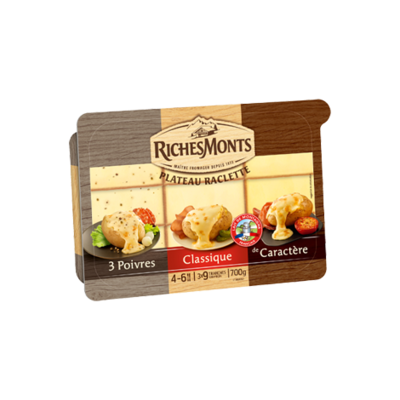 RICHES MONTS PLATEAU RACLETTE ASSORTIMENT 3 VARIÉTÉS (POIVRE, CLASSIQUE, CARACTERE) TRANCHETTES 700G