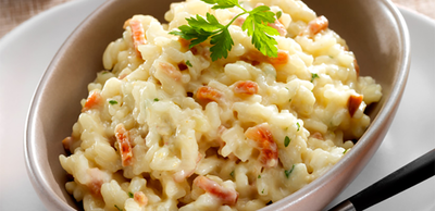 Risotto aux lardons, oignons et fromage à raclette