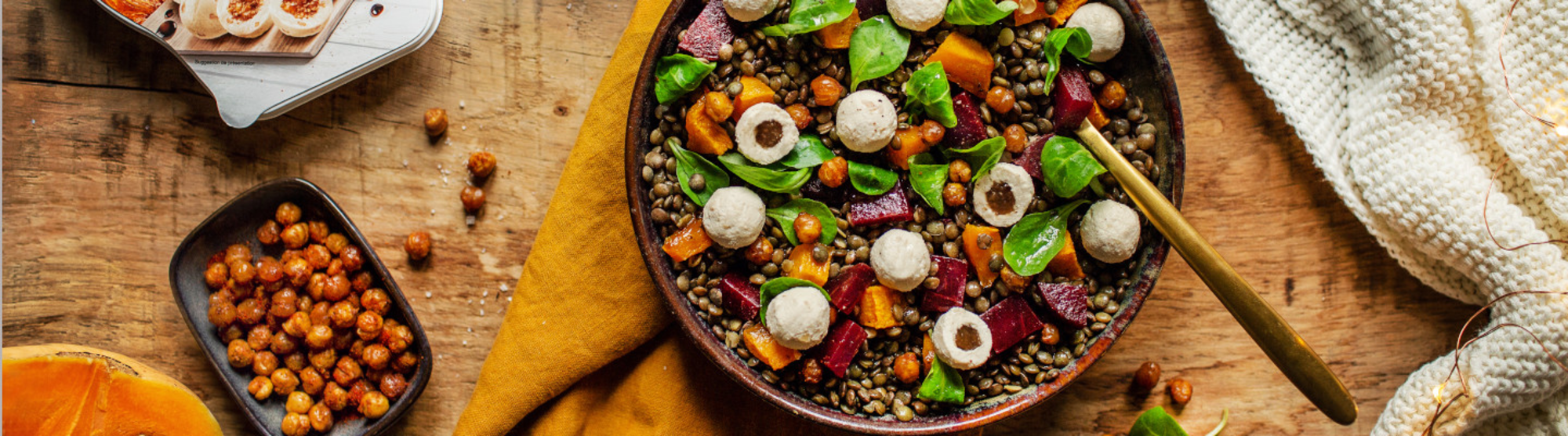 Salade de lentilles aux billes de fromage