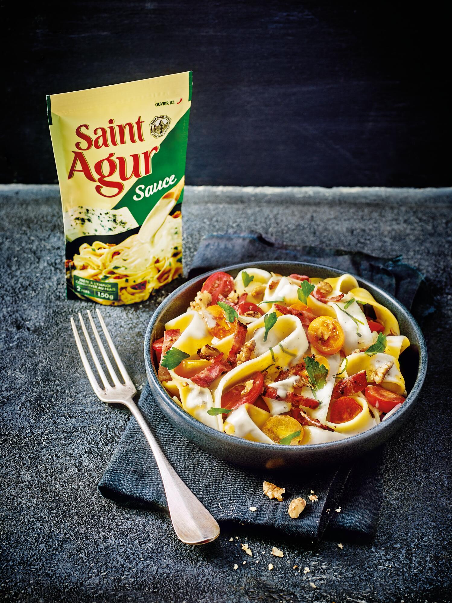 Pappardelles aux tomates et Sauce de Saint Agur